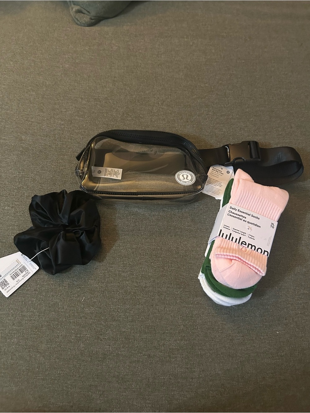 lululemon athletica Clear Everyday Belt Bag, Scrunchie, and Socks Bundle